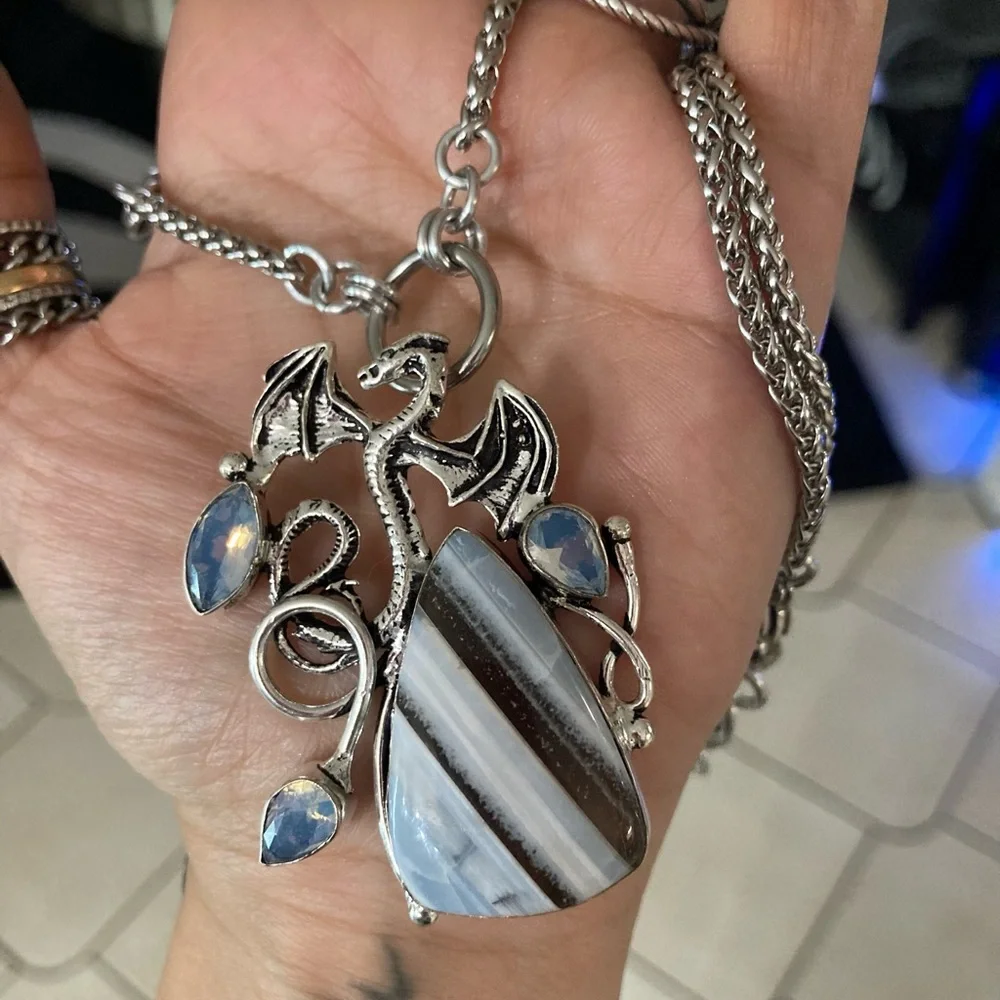 925 sterling silver overlay stripped agate iridescent opalite dragon necklace - Picture 10 of 12